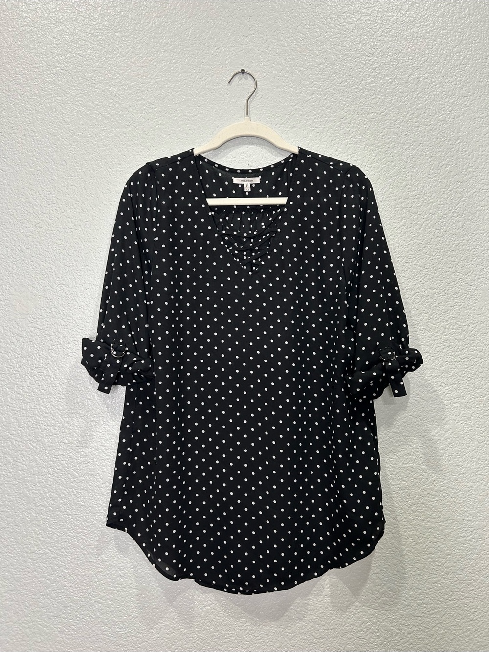 Maurices Black Polka Dot Lace-Up V-Neck Blouse